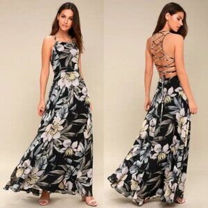 Lulus Love Abloom Black Floral Print Lace-Up Maxi Dress